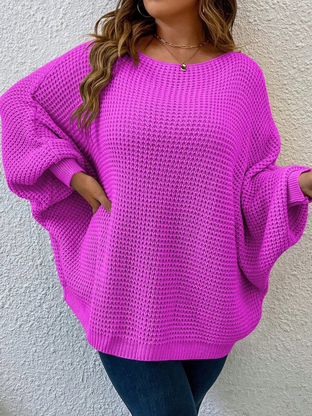 Hot Pink Casual Women's Plus Size Batwing Sleeve Crew Neck Loose Sweater